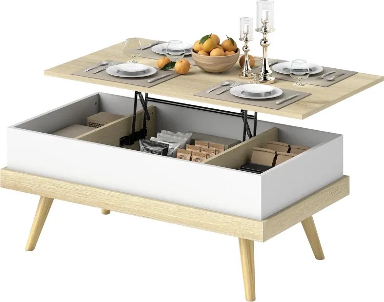 Mesa de Centro Elevatória com 3 Compartimentos de Armazenamento Ocultos e Pés de Madeira 100x79x54 cm Madeira e Branco