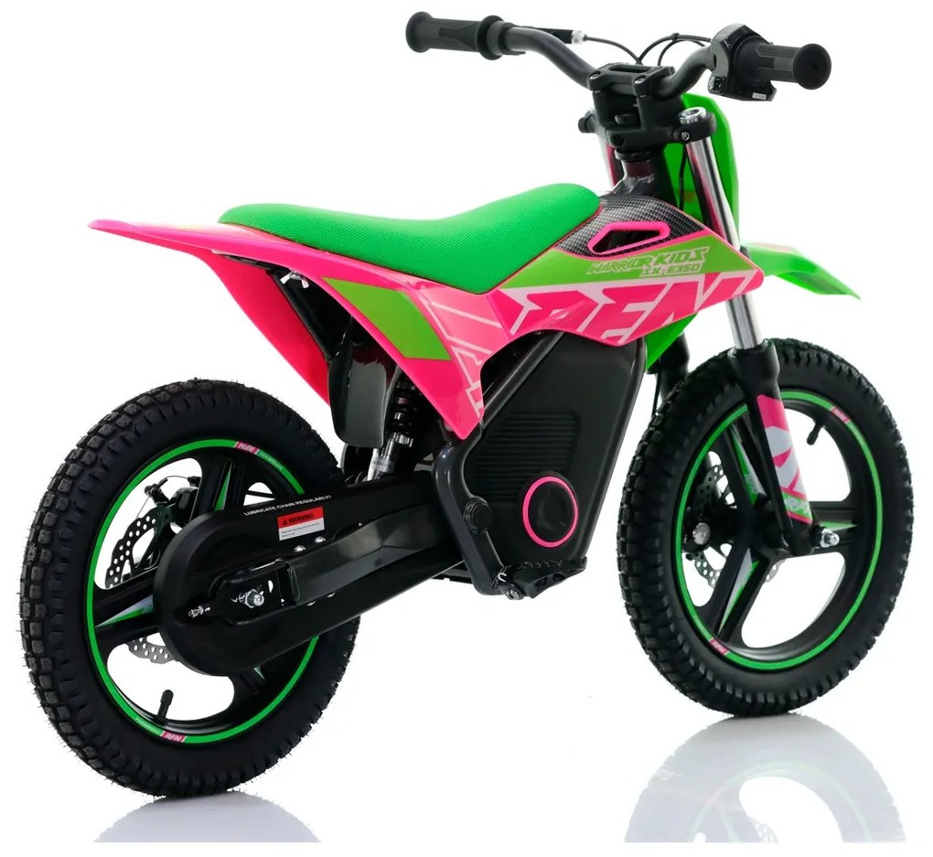 Mini moto elétrica para crianças velocidade até 30Km/h C/Limitador RFN Warrior SX-E350 14/14” 350W Verde e Rosa