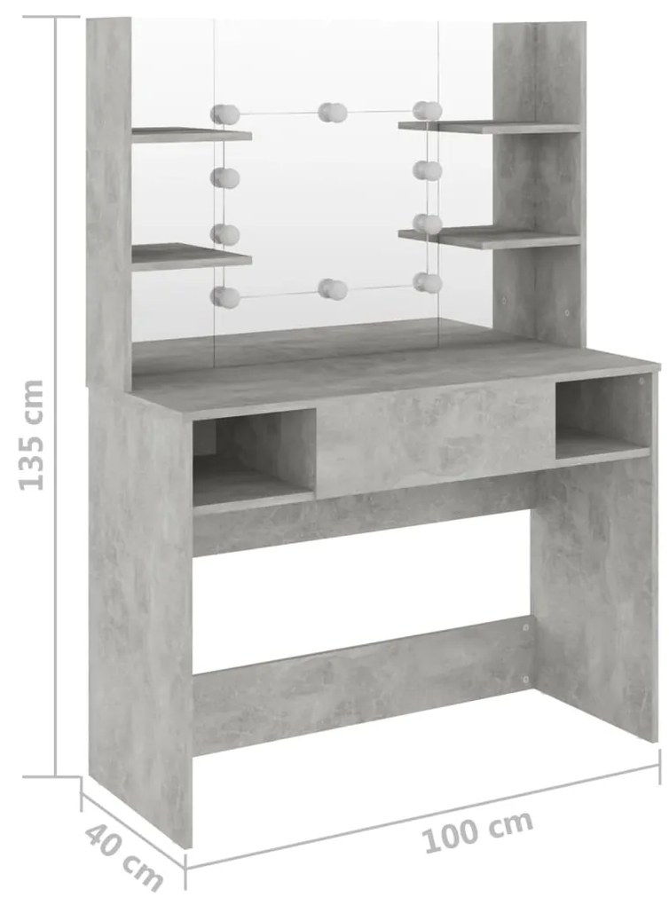 Mesa de maquilhagem c/ luzes LED 100x40x135cm MDF cinza cimento