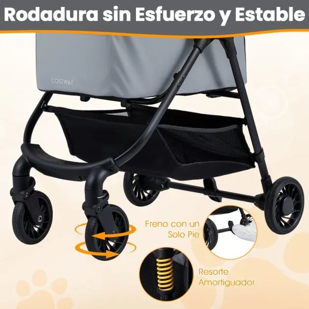 Carrinho para animais de estimação 3 em 1 dobrável com assento para carro, transportadora removível e toldo de malha ajustável para cães e gatos cinza