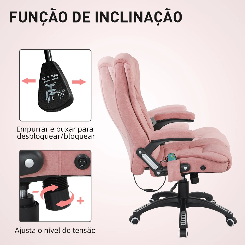 Cadeira de Escritório com 6 Pontos de Massagem Reclinável até 130° com Função de Aquecimento 65x71x110-120 cm Rosa