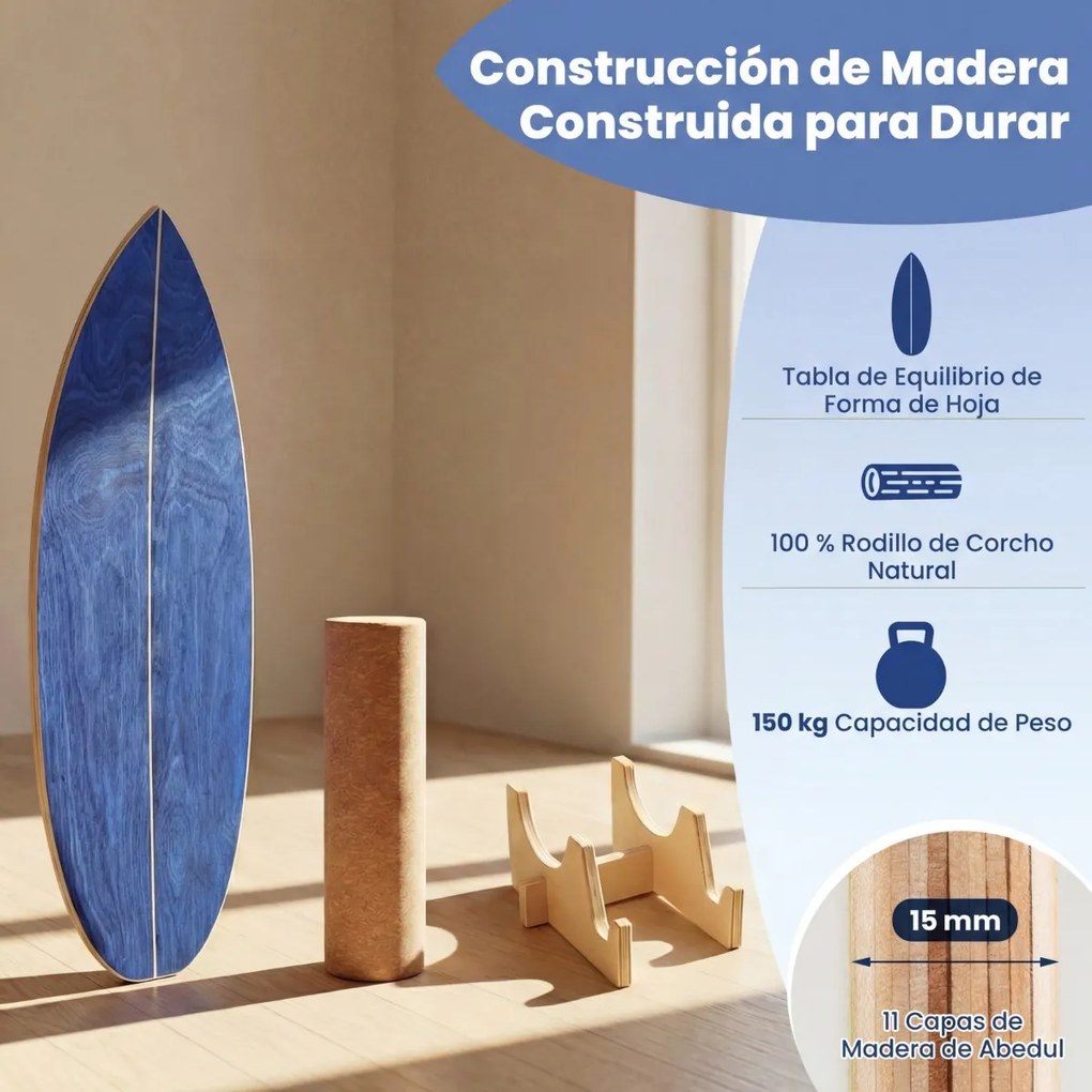 Prancha de equilíbrio para adultos em madeira com rolo de cortiça e estante de arrumação para treino do tronco e surf oscilante azul-marinho