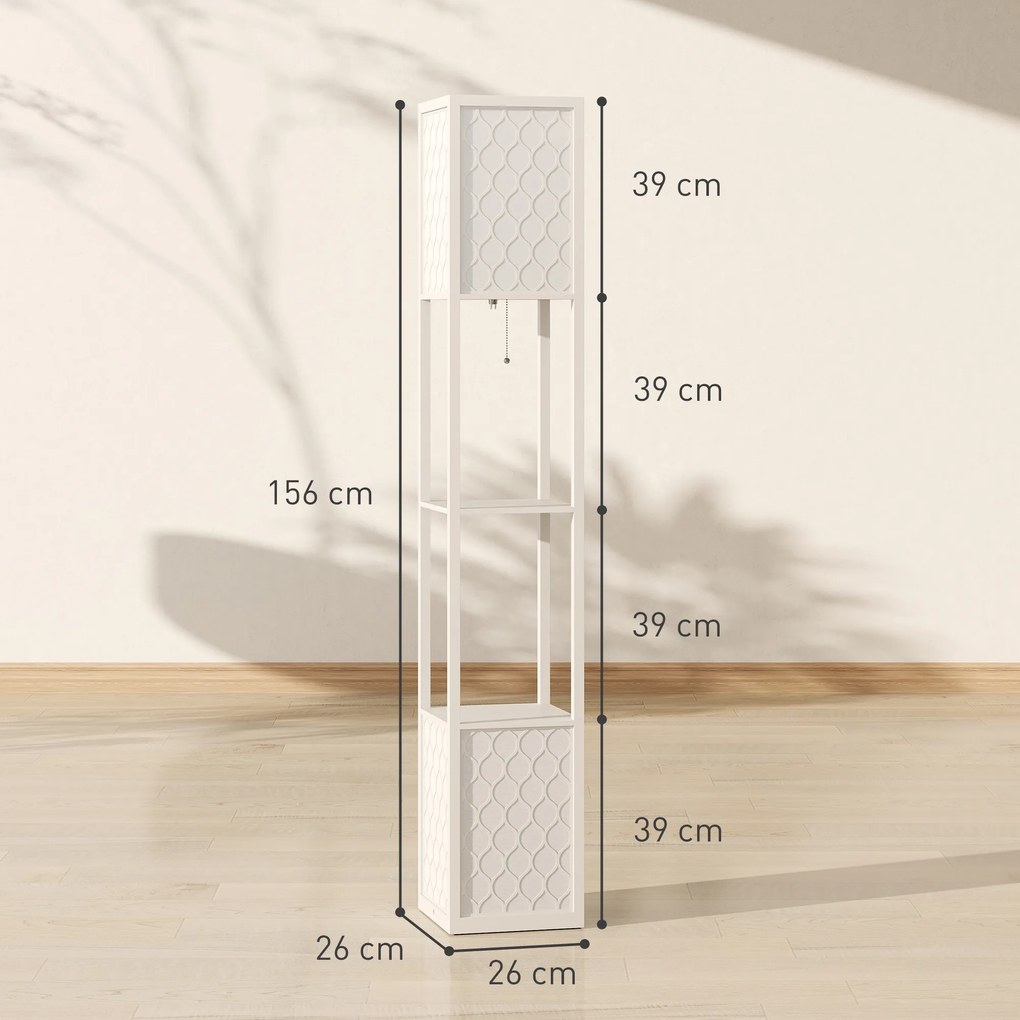 Candeeiro de pé com prateleiras, 2 lâmpadas, 2 prateleiras, 4 níveis, MDF cinzento 26 x 26 x 156 cm, cinzento
