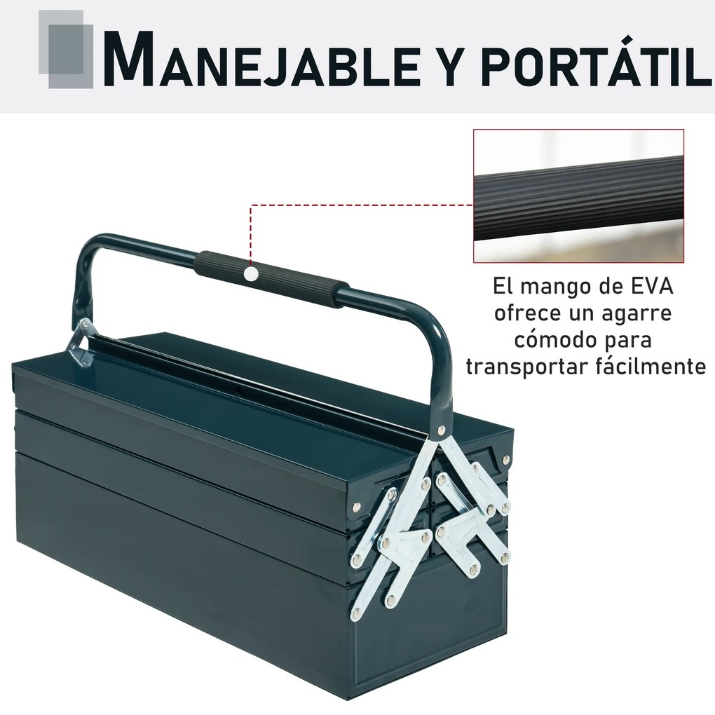 DURHAND Caixa de Ferramentas portátil Dobrável de Aço com 5 compartimentos com Alça de Transporte para oficina 57x21x41cm Verde