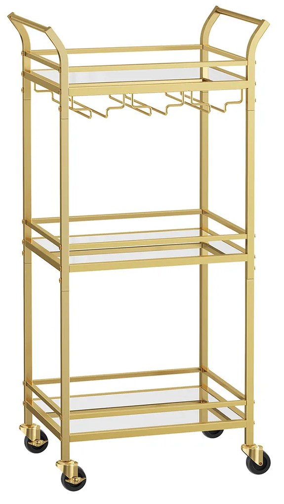 Carrinho de cozinha ou bar com 3 prateleiras de vidro espelhado 30 x 46,8 x 92 cm Dourado