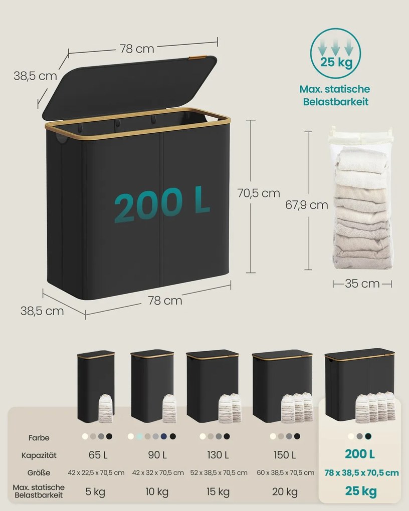 Cesto da roupa suja 200L com tampa 78 x 38,5 x 70,5 cm Preto