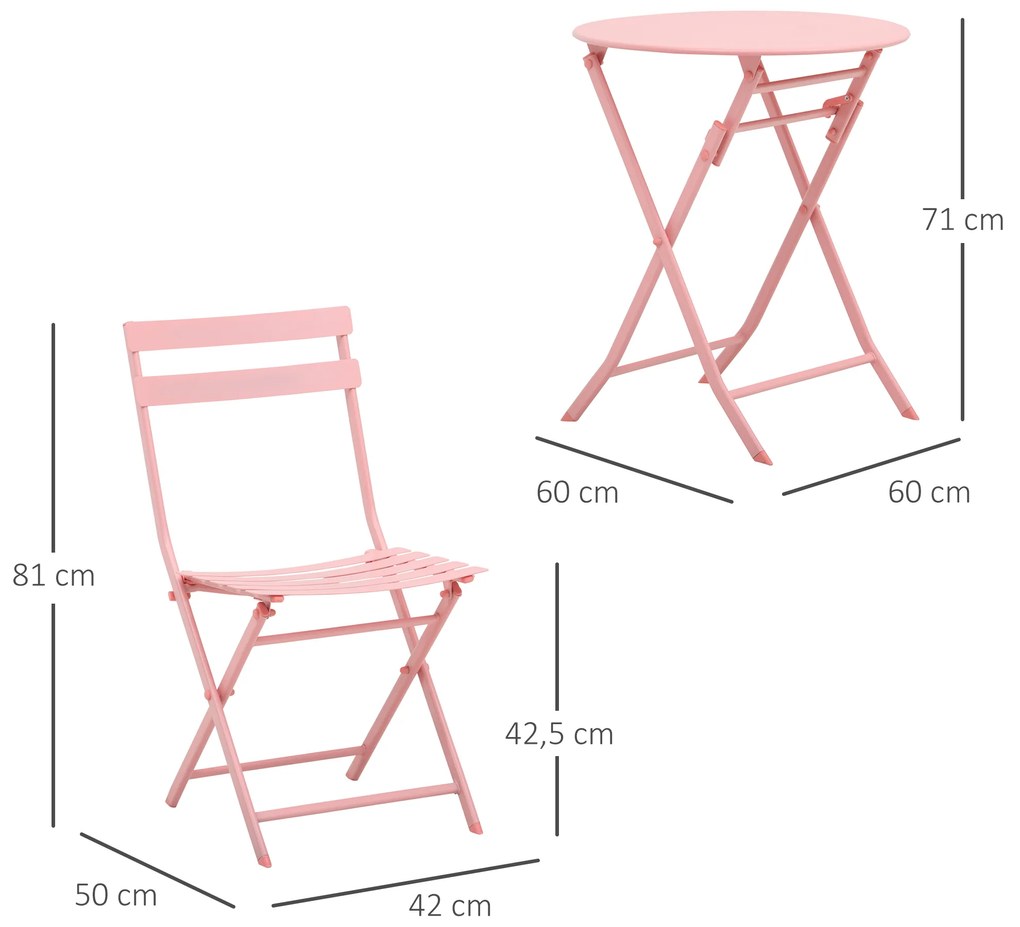 Conjunto de Móveis de Jardim Dobráveis Conjunto de 1 Mesa Redonda e 2 Cadeiras de Varanda com Estrutura de Aço Rosa