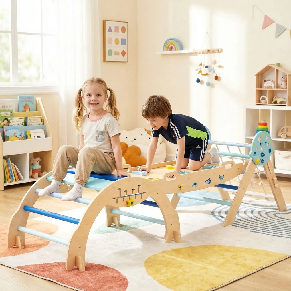 Conjunto de escalada triangular para crianças dobrável com arco, rampa e escalador, brinquedo de madeira para bebés, brinquedo Montessori azul