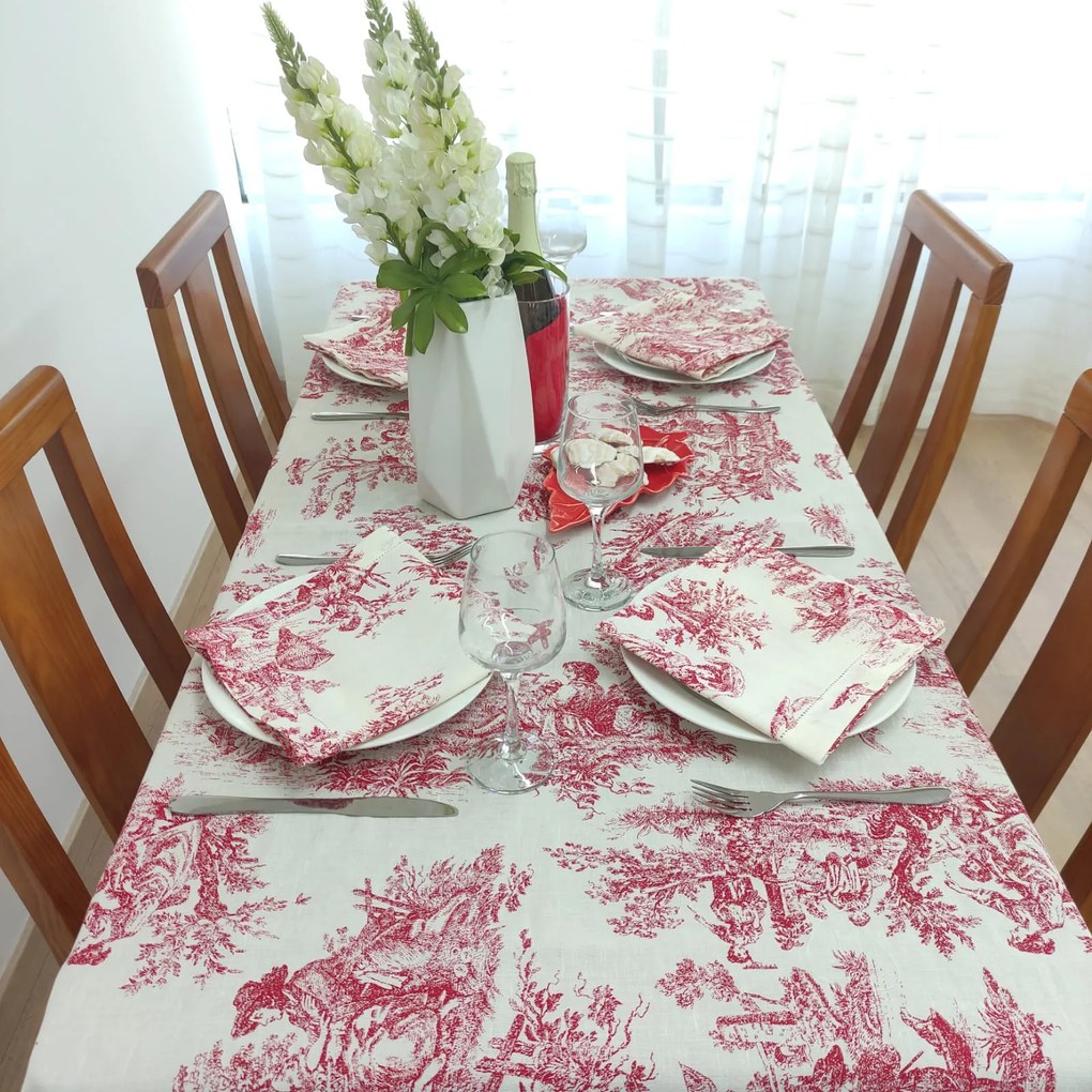 Toalha de Mesa Linho COL Toile de Jouy Red Ponto Aberto
