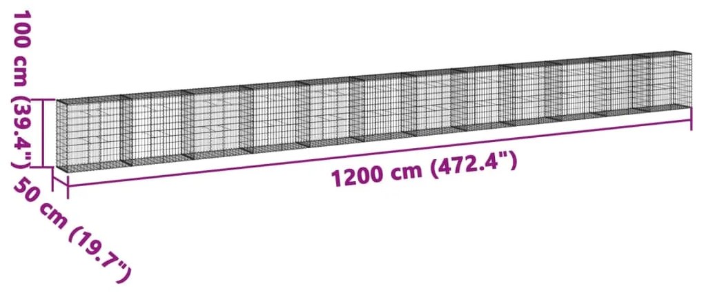 Cesto gabião com cobertura 1200x50x100 cm ferro galvanizado