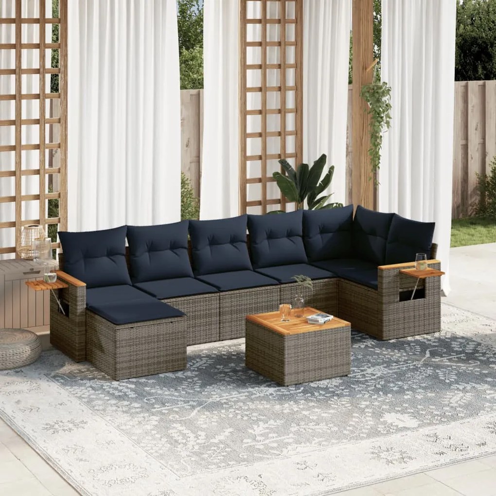 8 pcs conjunto sofás p/ jardim c/ almofadões vime PE cinzento
