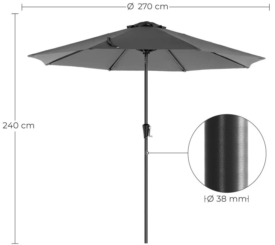 Guarda-sol Ø 270 cm com inclinação e proteção solar até UPF 50+ cinzento