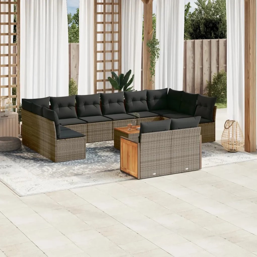 vidaXL 13 pcs conjunto sofás p/ jardim c/ almofadões vime PE cinzento