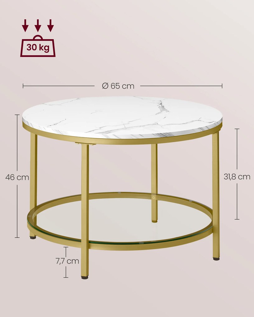 Mesa de centro com 2 níveis e tampo em vidro 65 x 46 cm (Ø x A) branco mármore e dourado claro