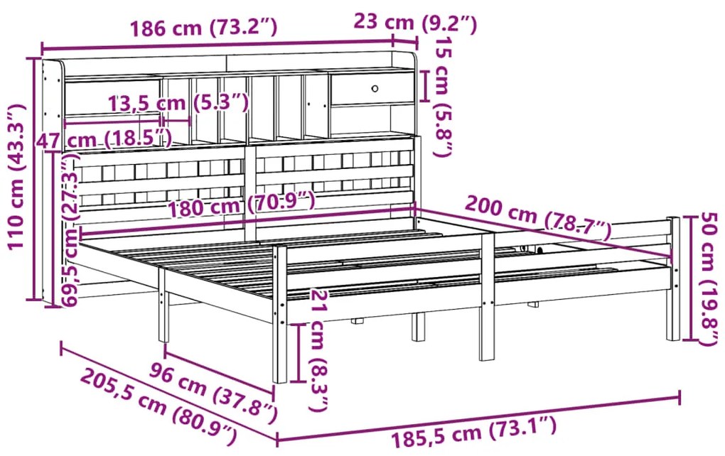 Cama com estante sem colchão 180x200 cm pinho maciço branco