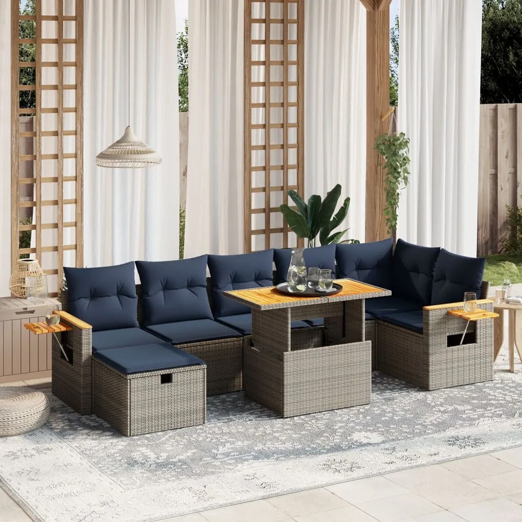 vidaXL 8 pcs conjunto sofás p/ jardim c/ almofadões vime PE cinzento