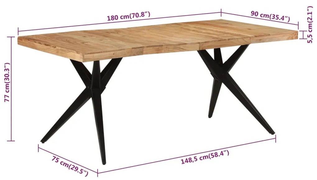 Mesa de jantar 180x90x77 cm madeira de acácia maciça preto