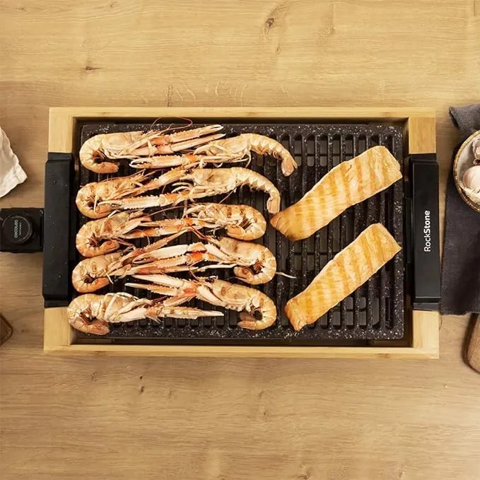 Grelhador elétrico cozinha com Potência 2000 W, Estrutura de bambu, Tasty&Grill 2000 Bamboo LineStone. Termóstato ajustável, Superfície Grill, Revesti