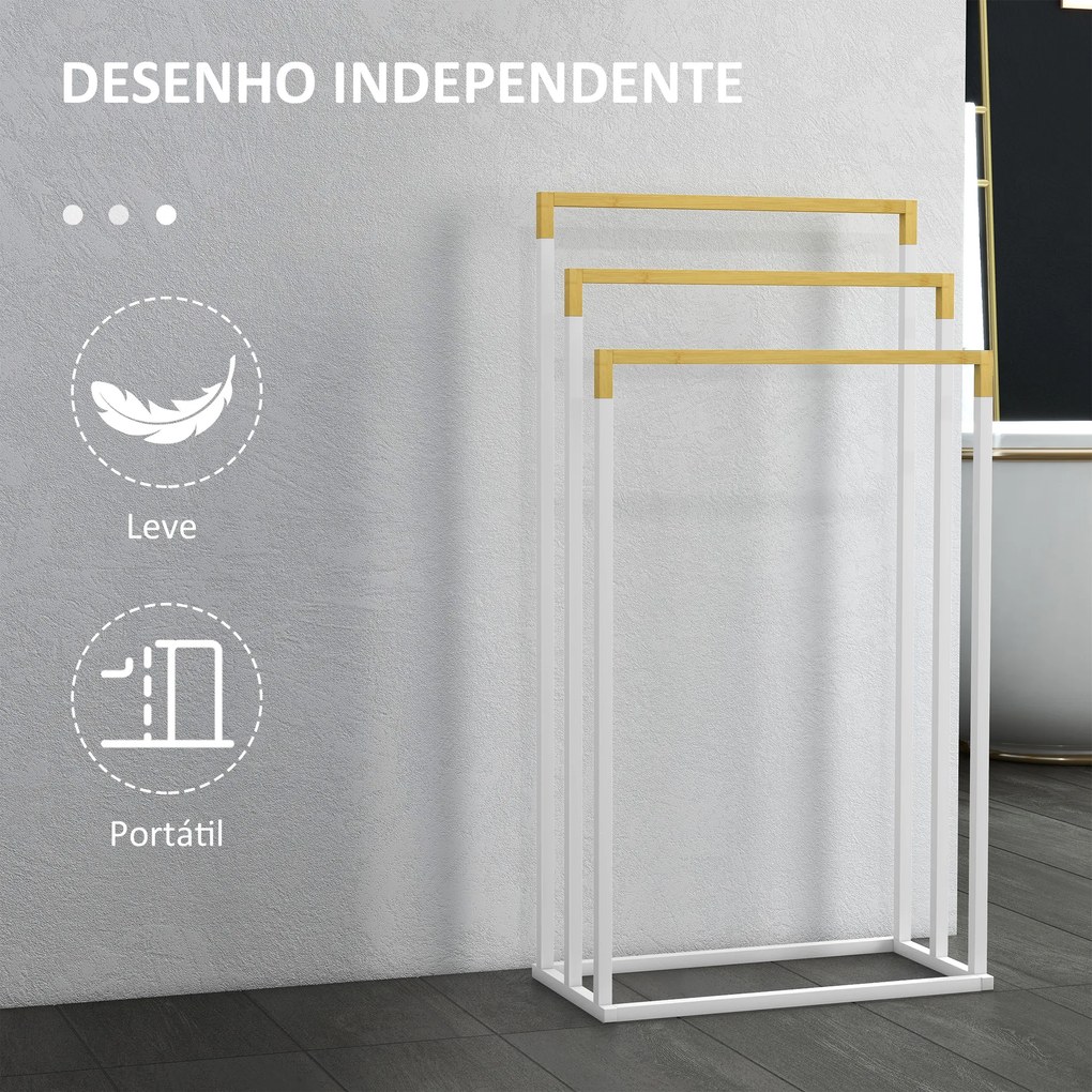 Toalheiro de Pé de 3 Níveis em Forma de Escada com 3 Barras de Bambu e Estrutura de Aço 45x22,5x86 cm Branco e Madeira