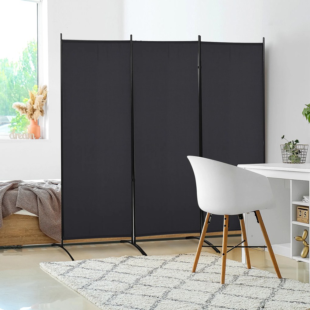 Biombo de 3 Paineis Separador de Ambientes Dobrável Biombo de Privacidade com 6 Pés de Metal 253x50x182 cm Preto