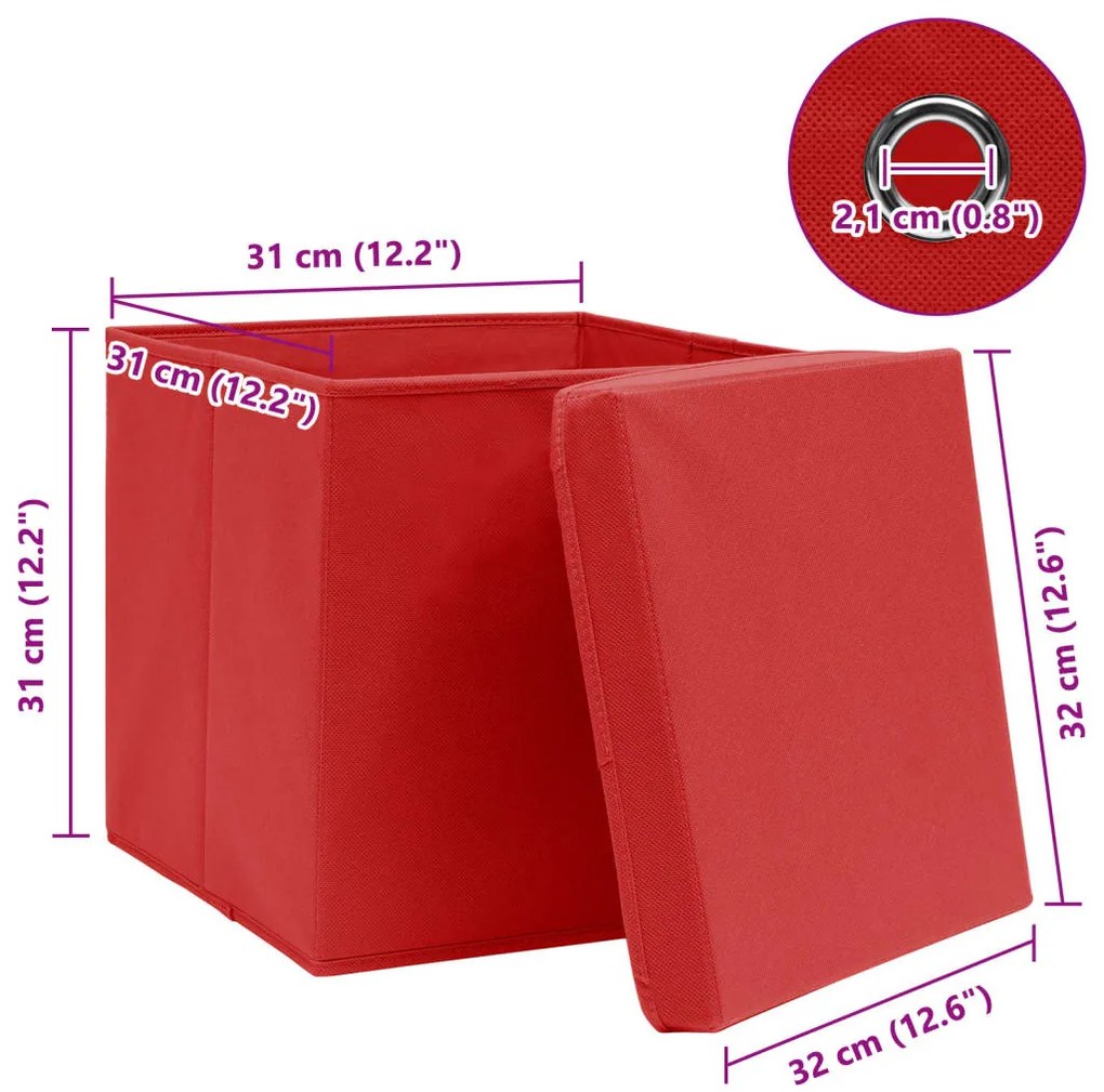 Caixas de arrumação com tampas 4pcs 32x32x32 cm tecido vermelho