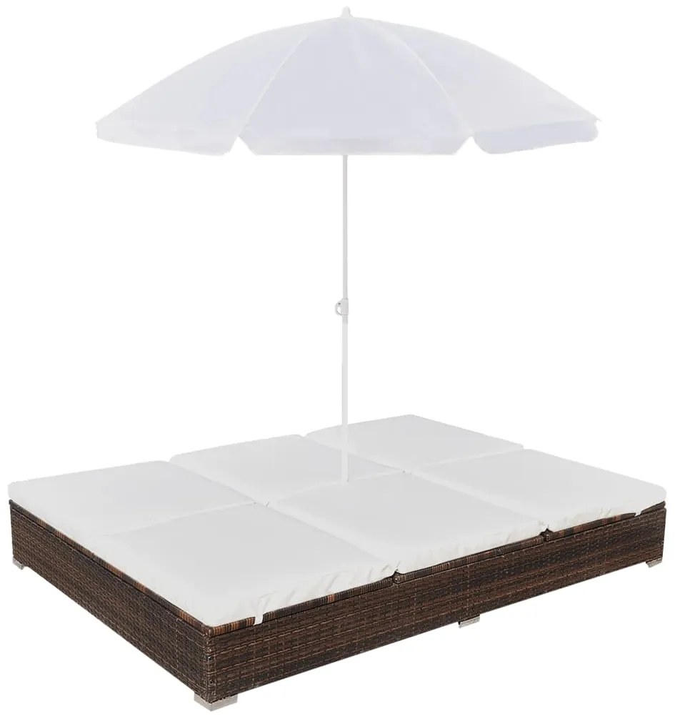 vidaXL Espreguiçadeira de exterior com guarda-sol vime PE castanho