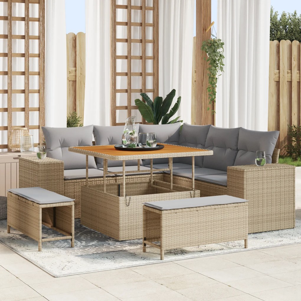 Conjunto de Sofás de Jardim de 8 Peças com Almofadas Bege Rattan Acáci