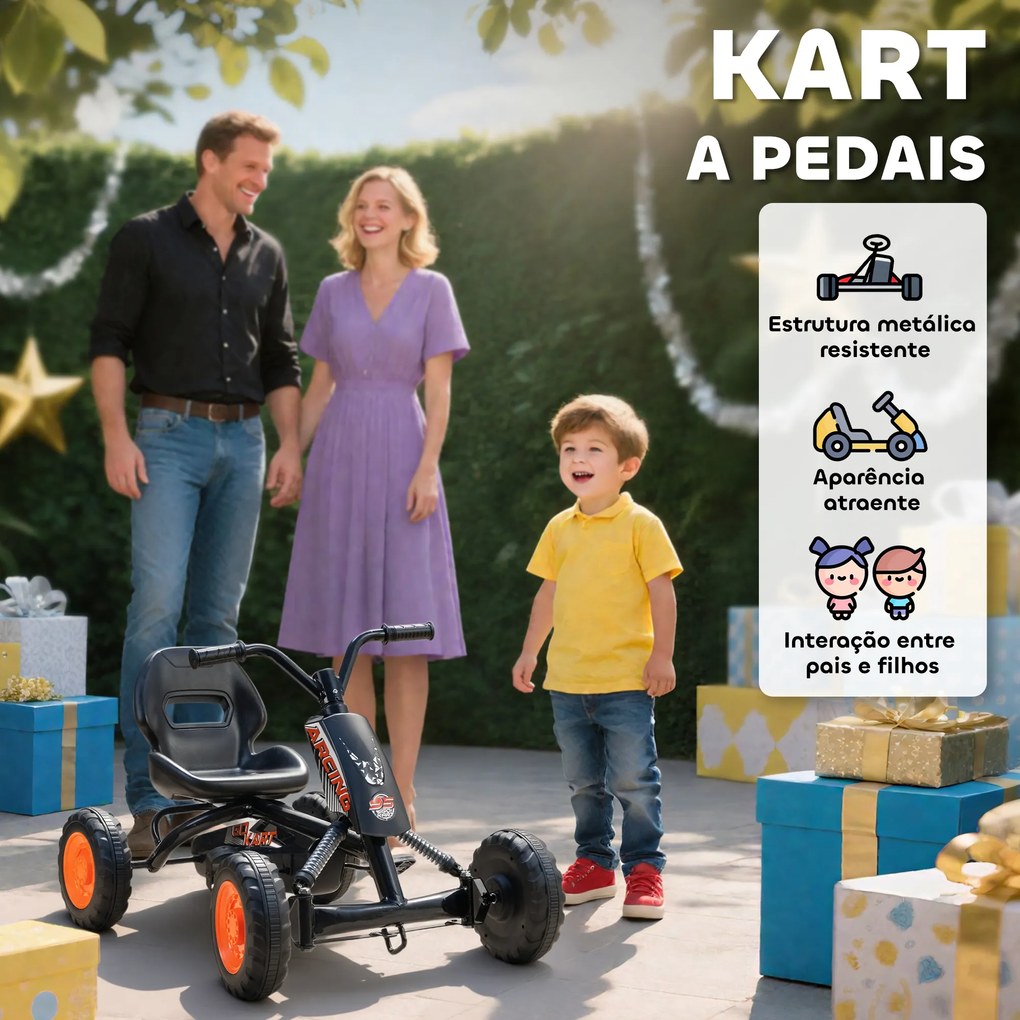 Kart a Pedais Go-Kart com Rodas PP Estrutura de Aço Carga 30 kg para Crianças 2-5 Anos 84x54x56 cm Preto