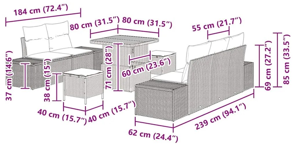 Conjunto de Sofá de Jardim com 8 Peças e Almofadas Bege em Rattan Sint