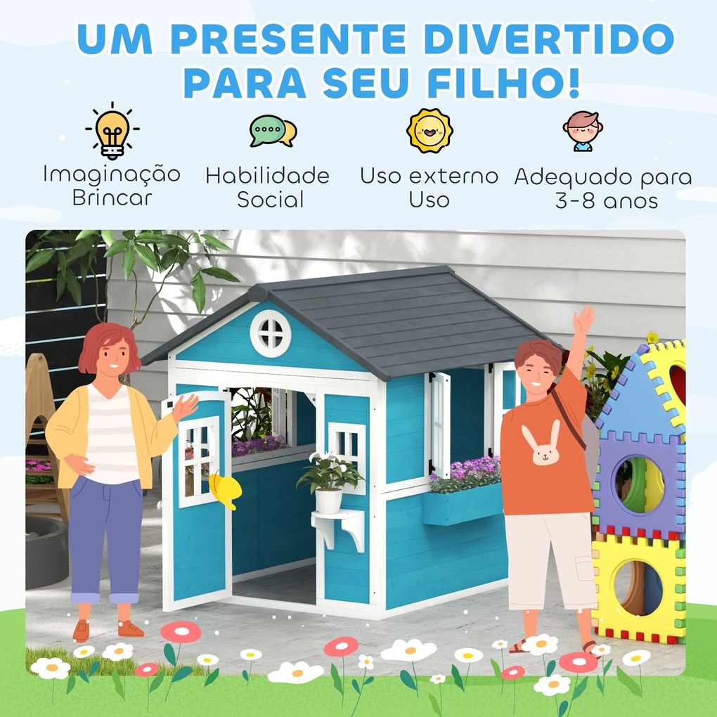 Casinha de Madeira Infantil com Porta Janelas Floreiros e Prateleiras com Detalhes Coloridos 114x126,4x135 cm Azul