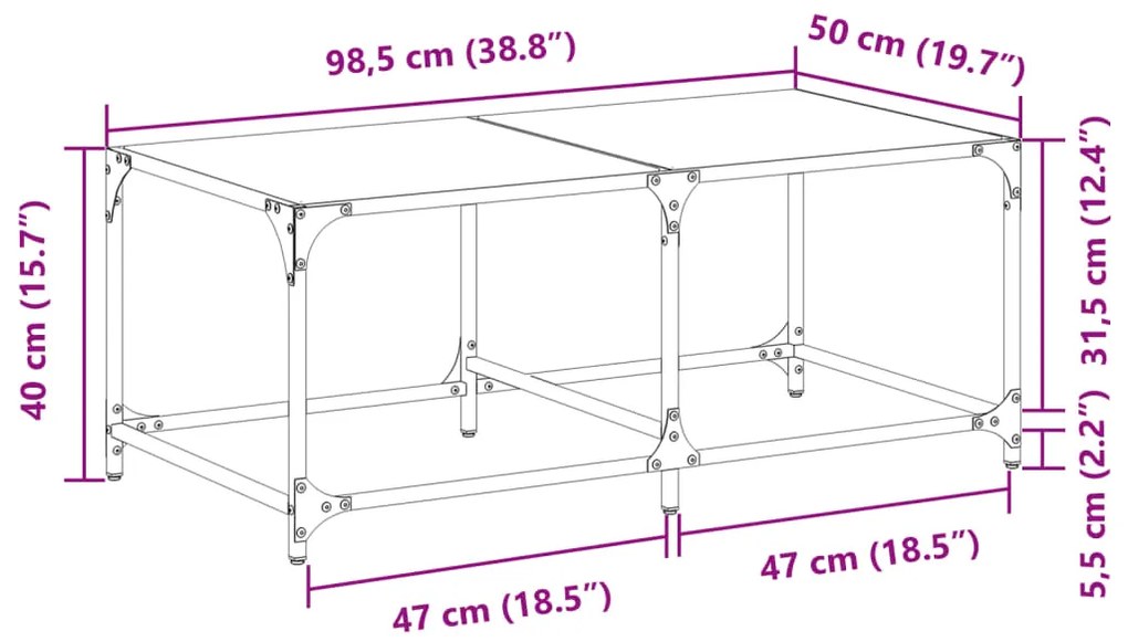 Mesa de centro c/ topo em vidro transparente 98,5x50x40 cm aço