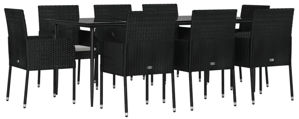 9 pcs conjunto de jantar p/ jardim c/ almofadões vime PE preto