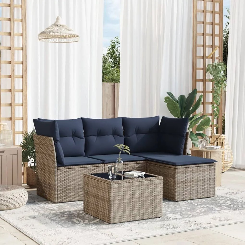 vidaXL 5 pcs conjunto sofás p/ jardim c/ almofadões vime PE cinzento