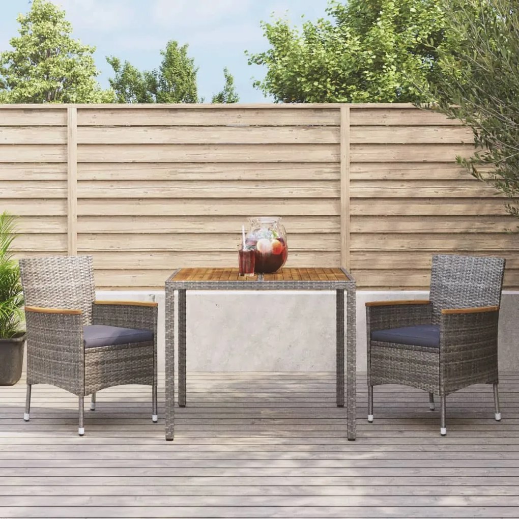 vidaXL 3 pcs conjunto de jantar p/ jardim c/ almofadões vime PE cinza