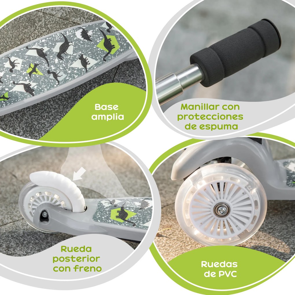 HOMCOM Trotinete para Crianças acima de 3 Anos Dobrável Trotinete com 3 Rodas com Luzes LED Guiador com Altura Ajustável e Freio Posterior Carga Máxima 50kg 54,7x32,5x59-69cm Cinza