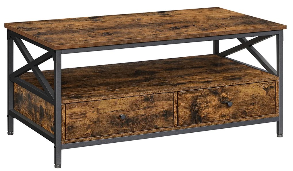 Mesa de Centro VASAGLE, Mesa de Sala de Estar, com 2 Gavetas e Prateleira Aberta, Estrutura de Aço em Formato de X, 100 x 55 x 45 cm, Estilo Industrial, Marrom Rústico e Preto LCT201B01