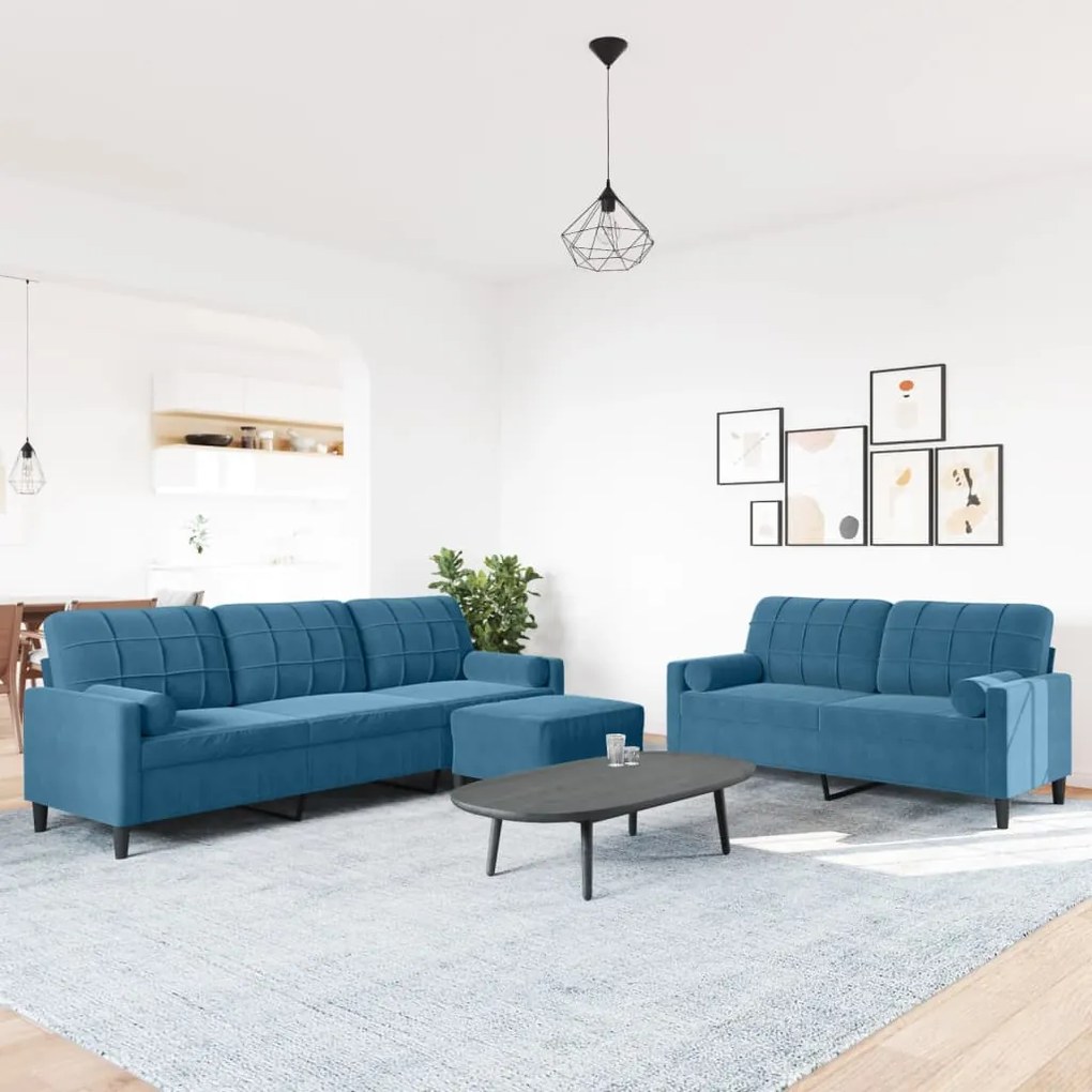 3 pcs conjunto de sofás com almofadões e rolos veludo azul