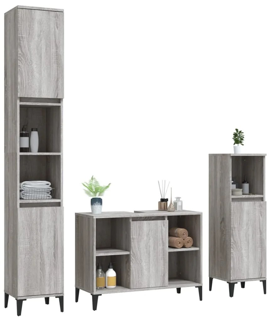 3 pcs Conjunto móveis casa de banho madeira proc. cinza sonoma