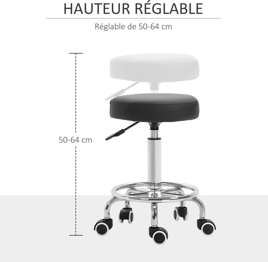 Banco com rodas, banco de massagem com altura ajustável de 50 a 64 cm e assento almofadado, giratório a 360°, preto