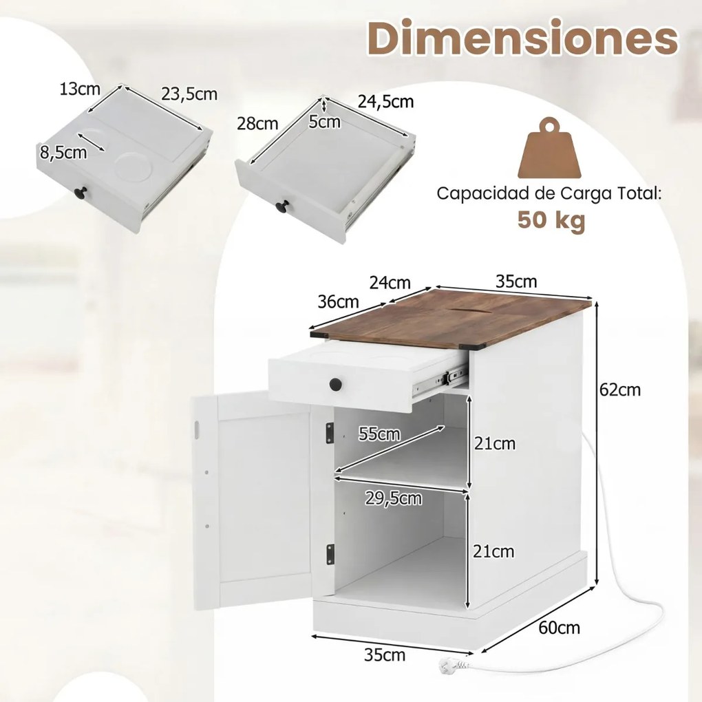 Mesa apoio, mesa cabeçeira 35 x 60 x 62 cm com Estação de Carregamento e Armazenamento Gaveta e Bandeja Removível para Quarto ou Sala Branca