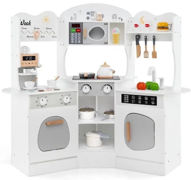 Conjunto de cozinha de madeira com relógio e micro-ondas-café