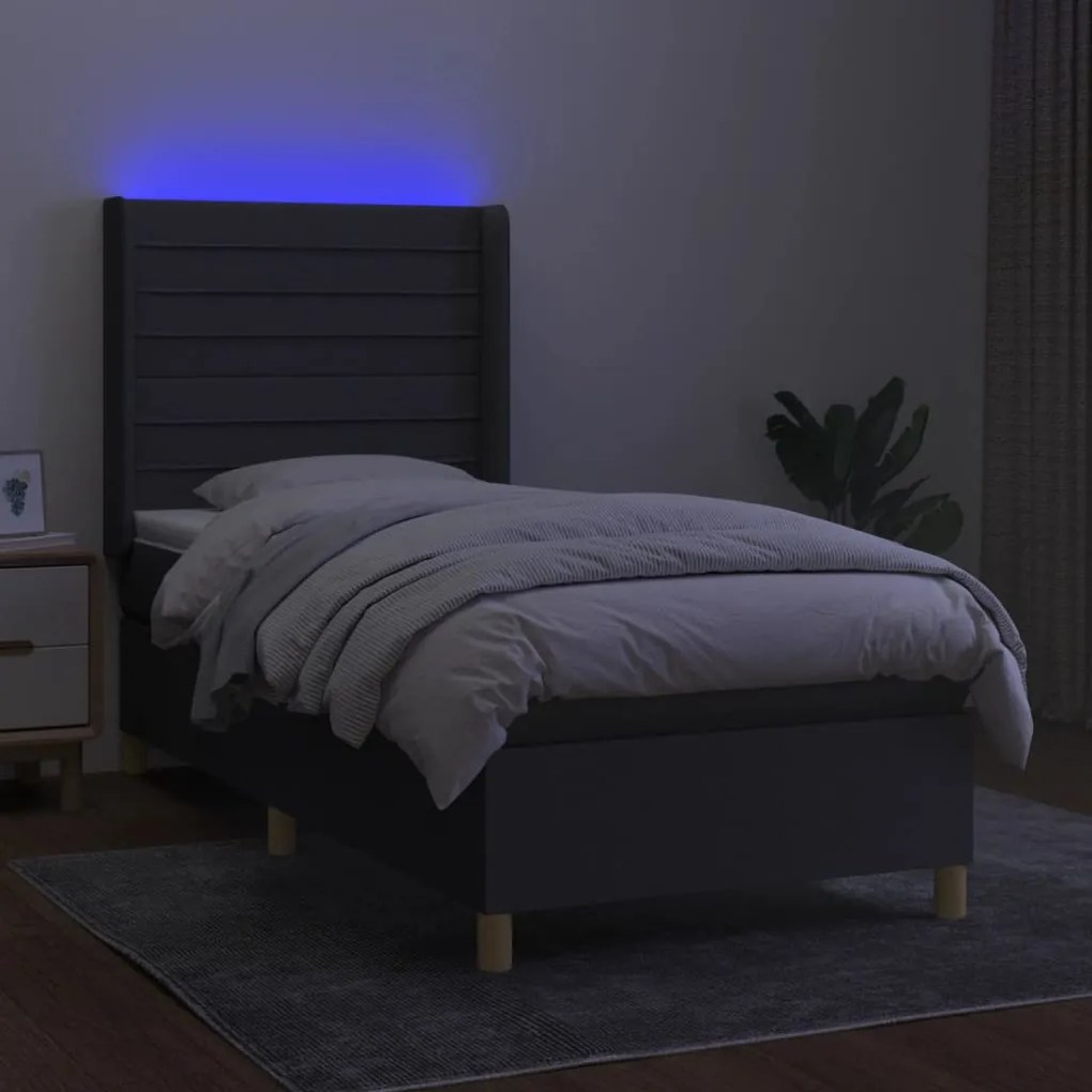 Cama box spring c/ colchão e LED 90x190 cm tecido cinza-escuro