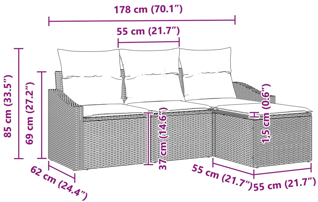 Conjunto de Sofá para Jardim de 4 Peças com Almofadas Cinza Rattan Pol