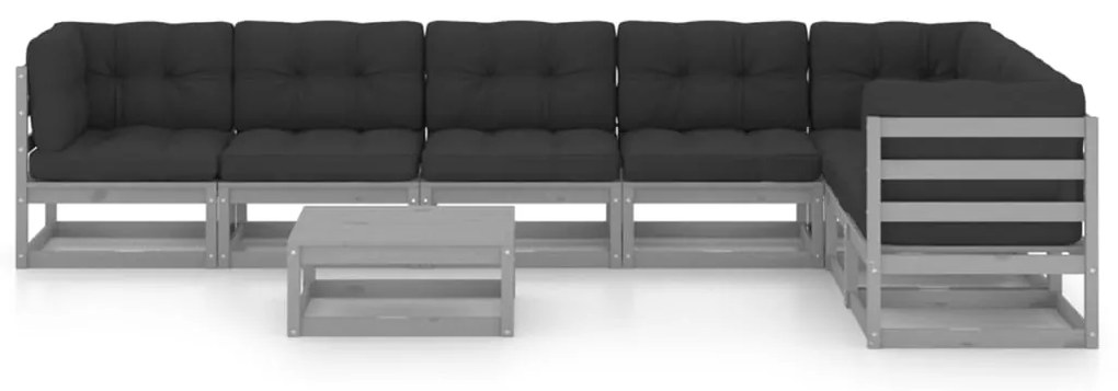 8 pcs conjunto lounge de jardim + almofadões pinho maciço cinza