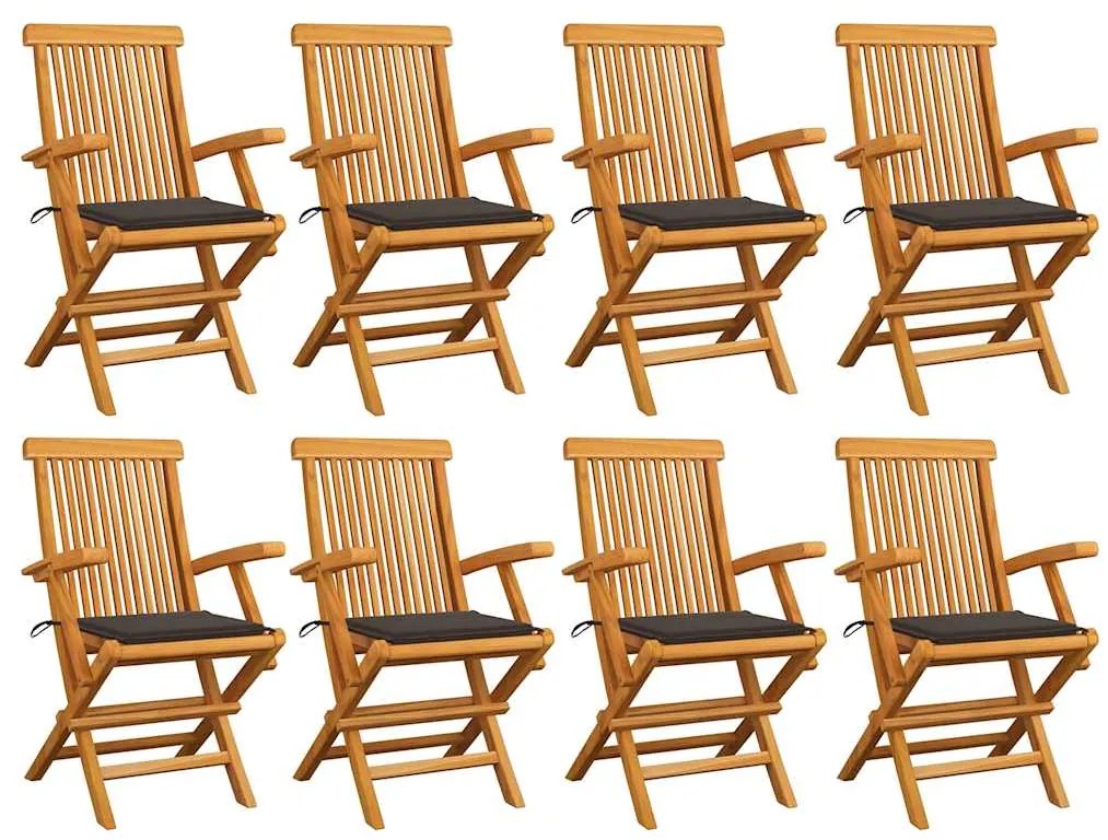 Cadeiras de jardim c/ almofadões cinza-acast. 8 pcs teca maciça
