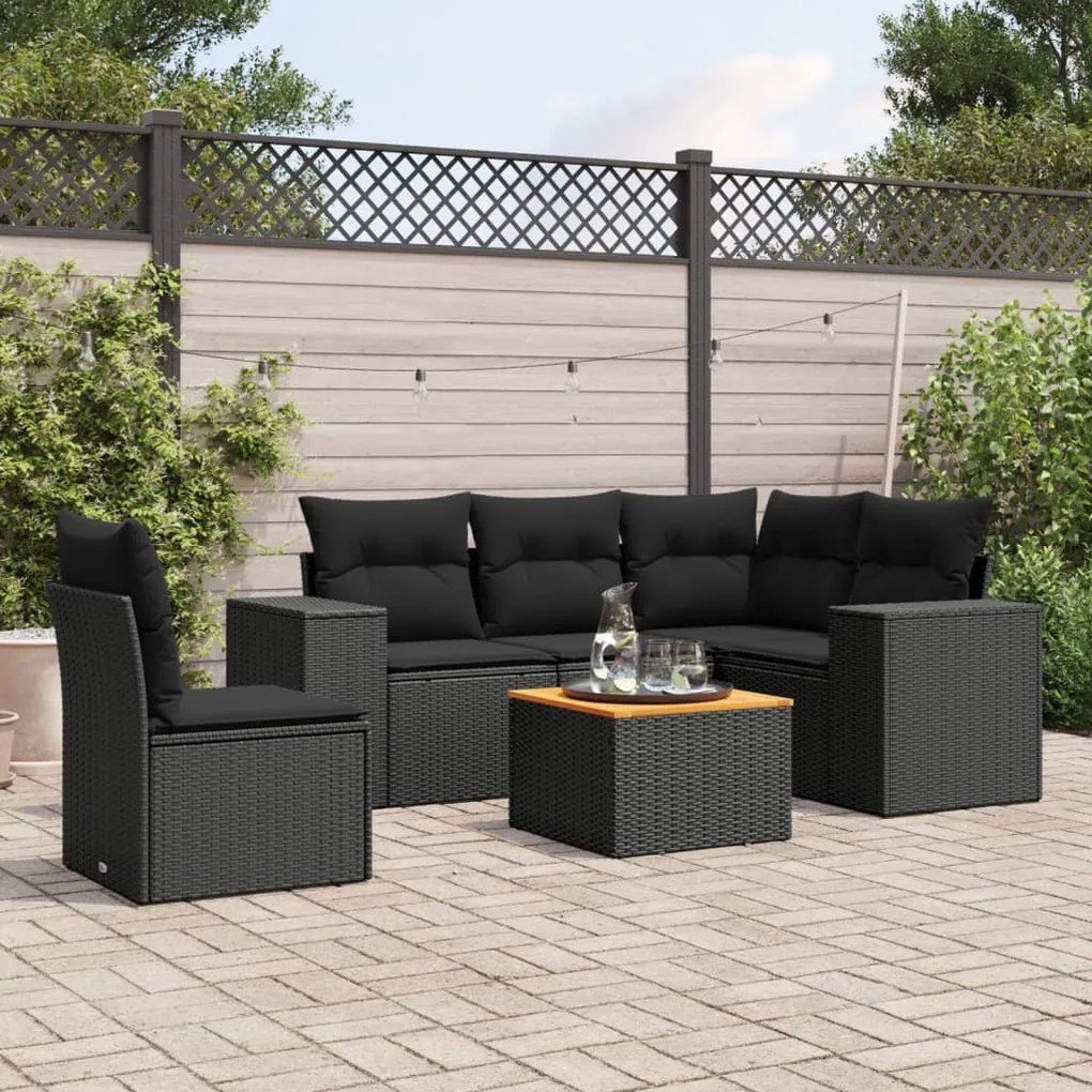 vidaXL 6 pcs conjunto sofás de jardim c/ almofadões vime PE preto
