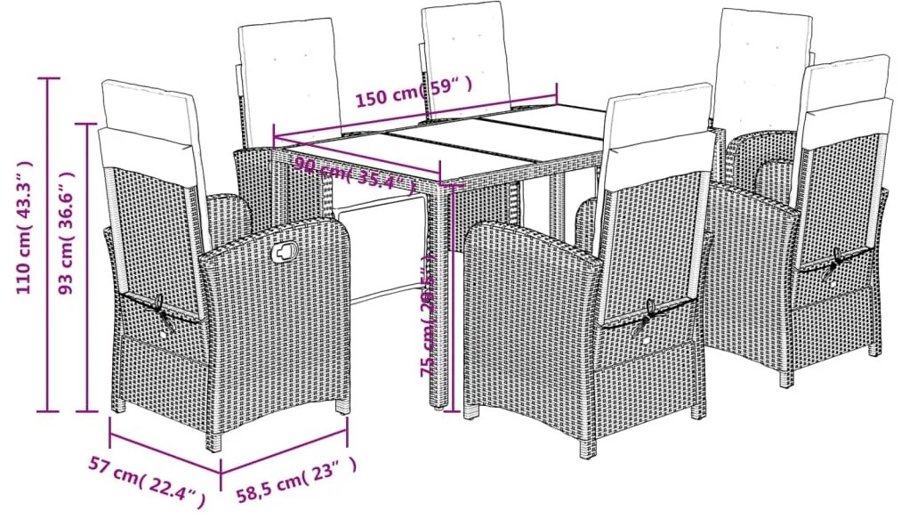 7 pcs conjunto de jantar p/ jardim c/ almofadões vime PE cinza