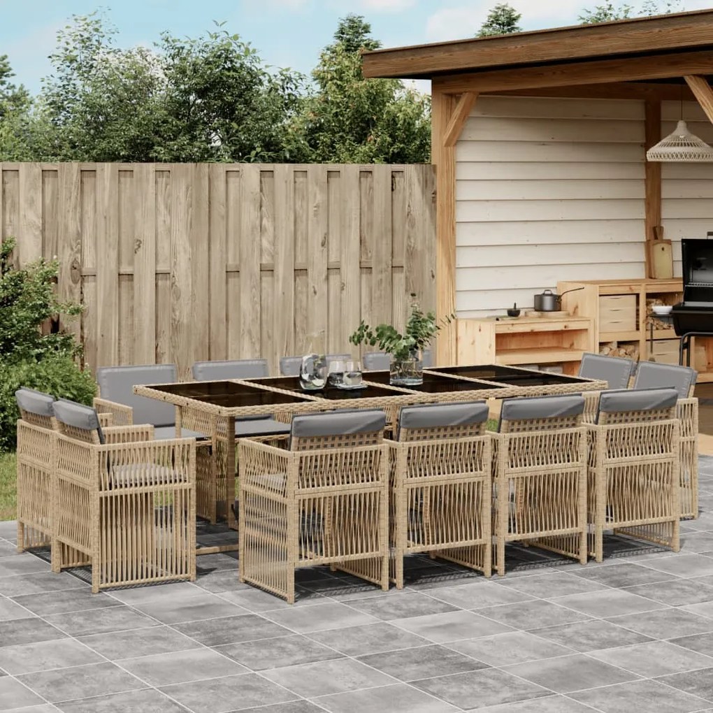 vidaXL 13 pcs conj. jantar jardim c/ almofadões vime PE bege misturado