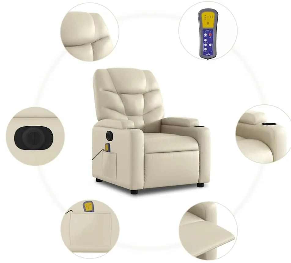 Poltrona massagens reclinável elétrica couro artificial creme