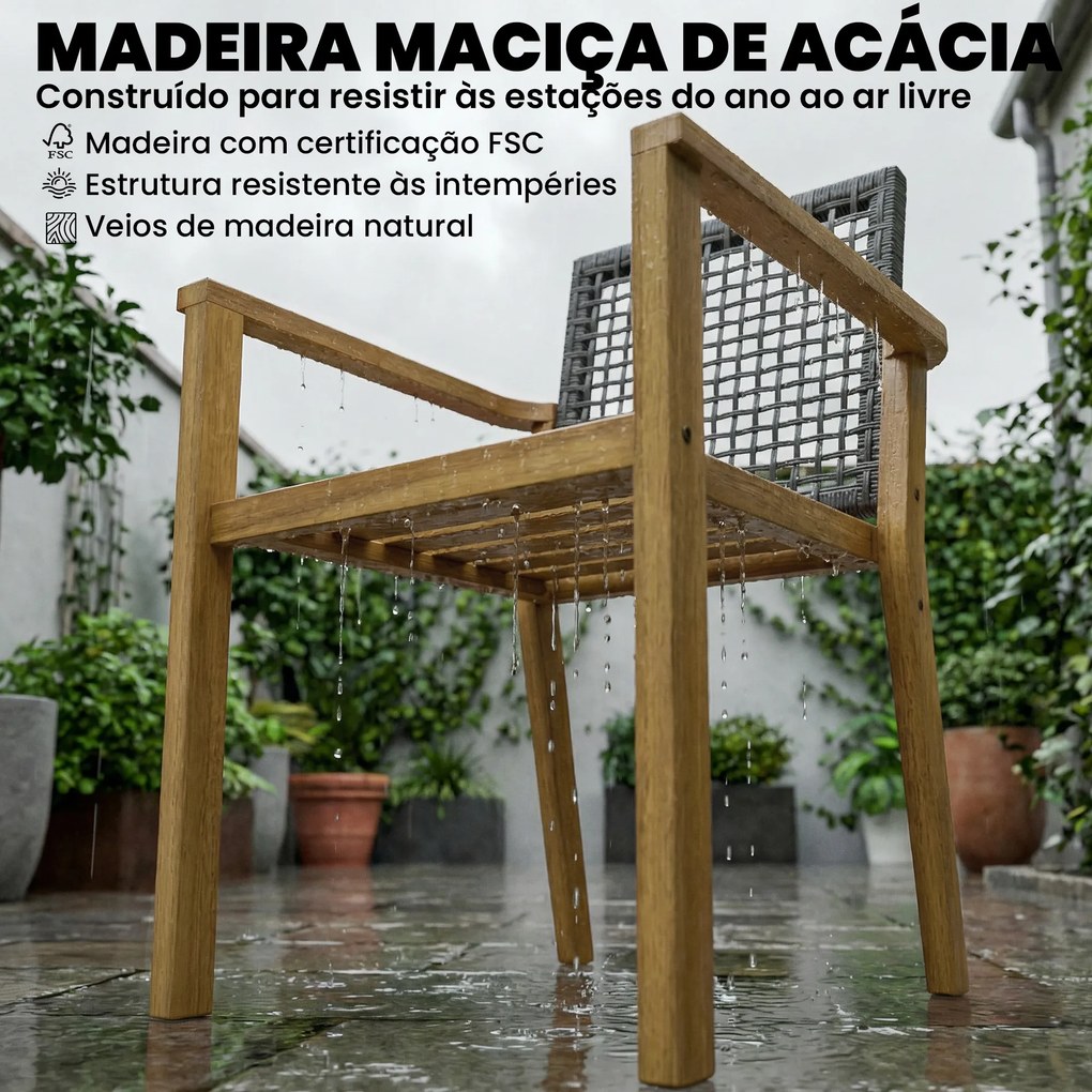 Conjunto de 2 Cadeiras de Jardim Exterior em Madeira Empilháveis com Almofadas Removíveis Braços Encosto 59x55x86 cm Madeira